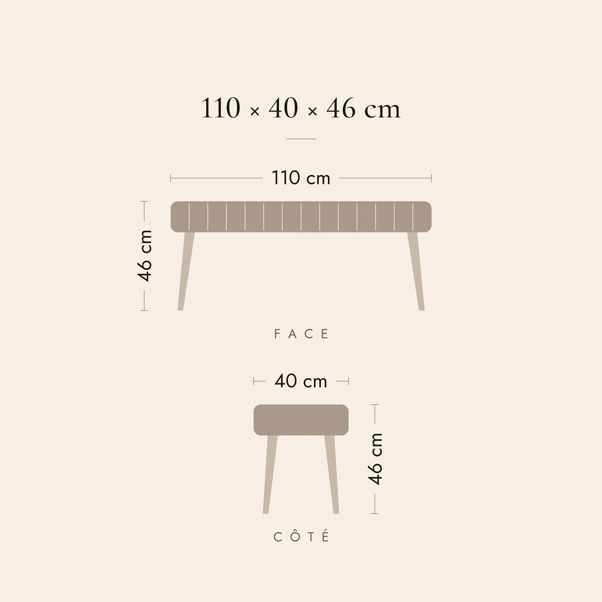 Dimensions du banc de lit Colbert : 110 × 40 × 46 cm