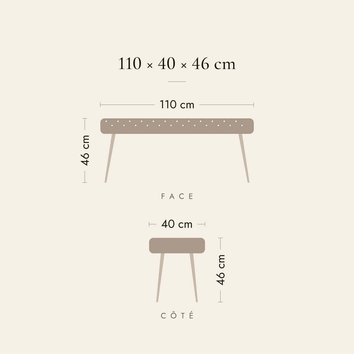 Dimensions du banc de lit Princes : 110 × 40 × 46 cm