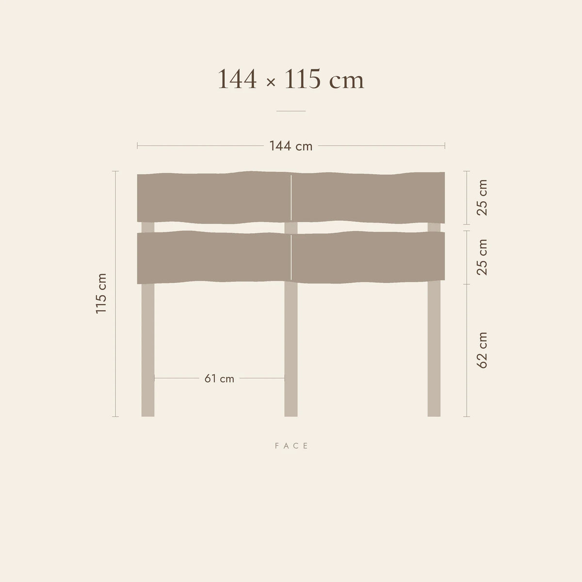 Dimensions de la tête de lit Boulogne pour lit 140 cm : 144 cm de large, 115 cm de haut