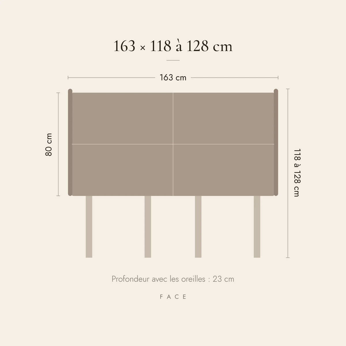 Dimensions de la tête de lit Haussmann pour un lit de 160 cm : 163 cm de large, 118 à 128 cm de haut