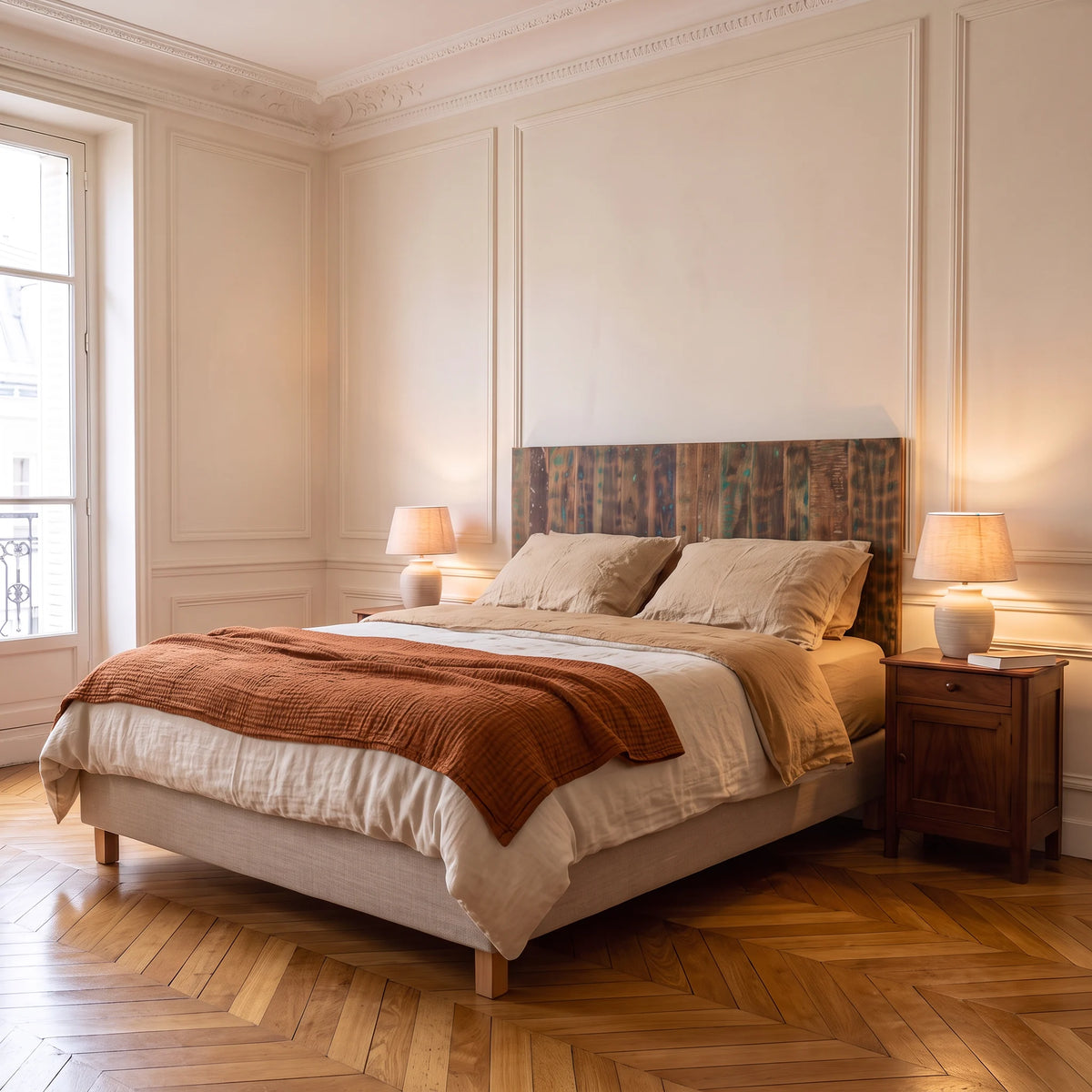 Tête de lit murale en bois de récupération Saint-Paul, dans une chambre, vue de trois quarts