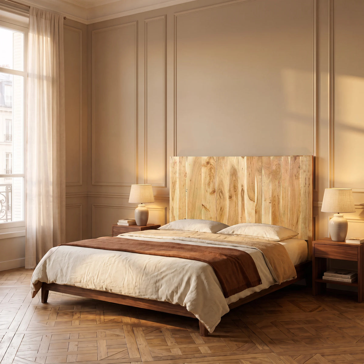 Tête de lit murale haute en acacia massif Ternes, dans une chambre, vue de trois quarts