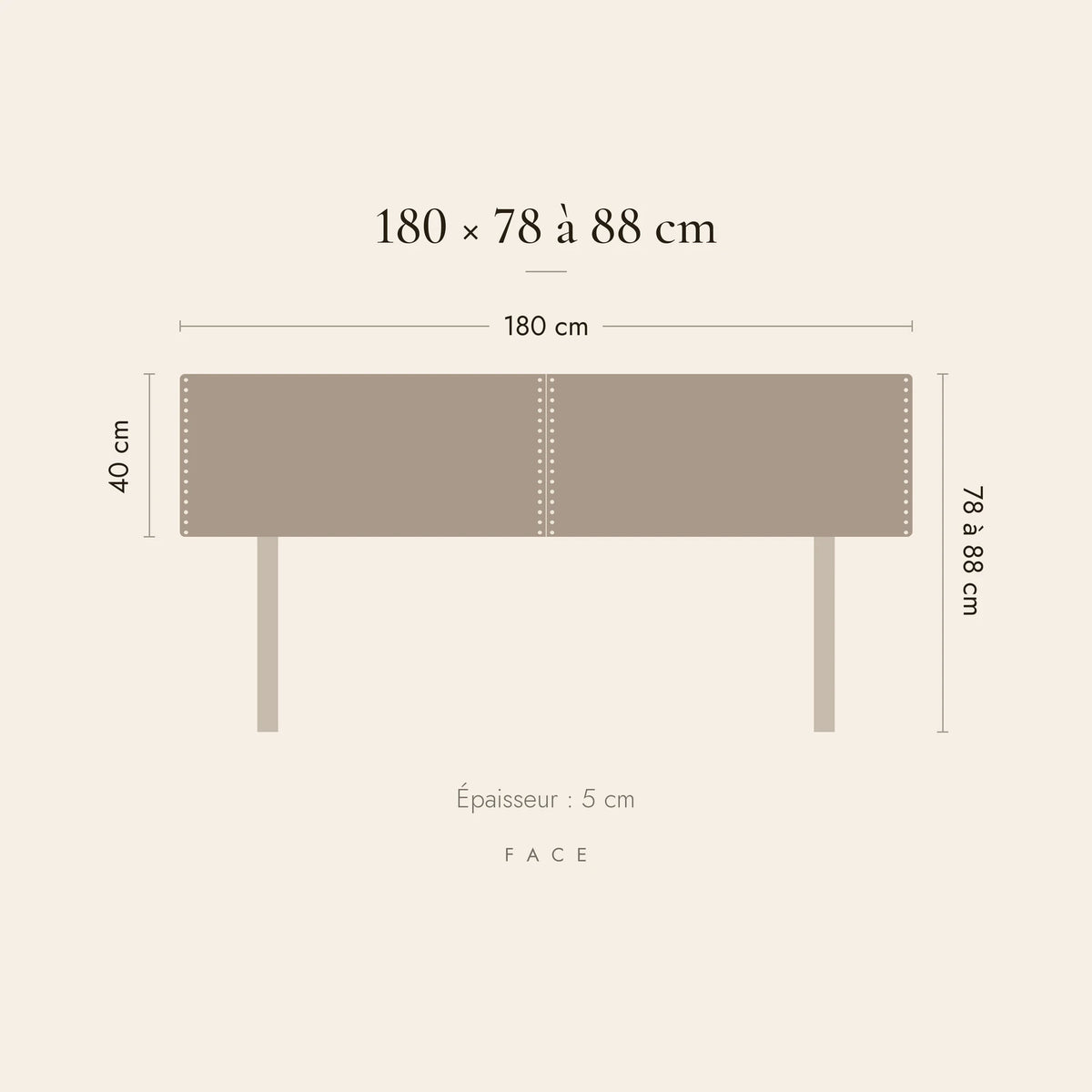Dimensions de la tête de lit Saint-Louis pour un lit de 180 cm : 180 cm de large, 78 à 88 cm de haut