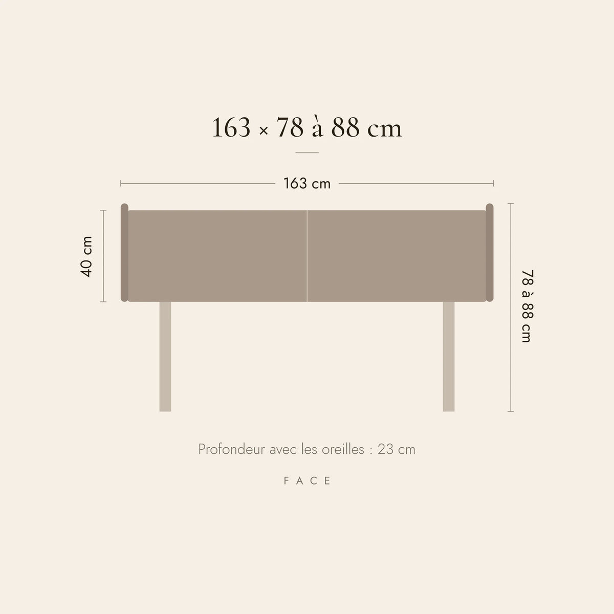 Dimensions de la tête de lit Solférino pour un lit de 160 cm : 163 cm de large, 78 à 88 cm de haut