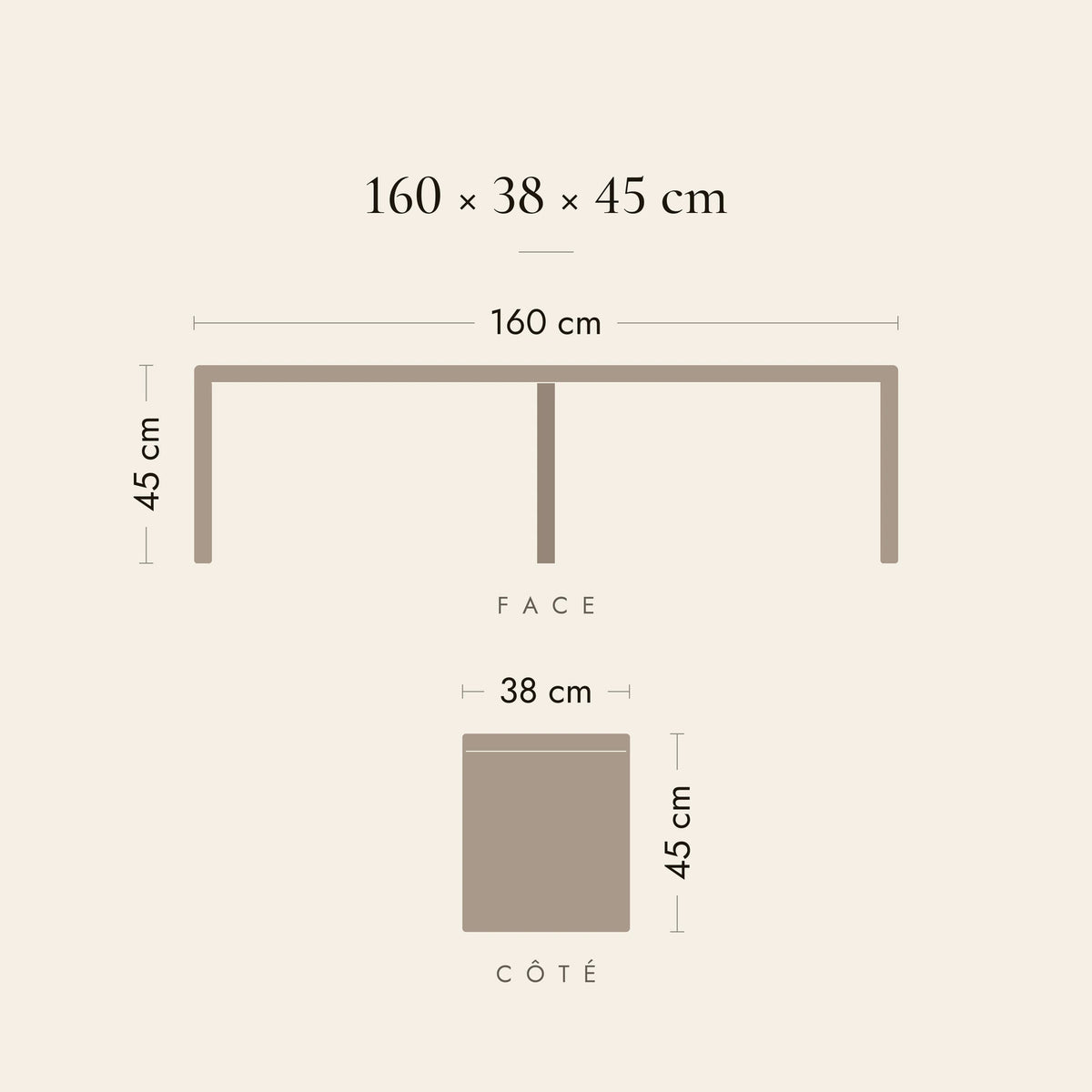 Dimensions du banc de lit Choiseul 160 cm : 160 × 38 × 45 cm