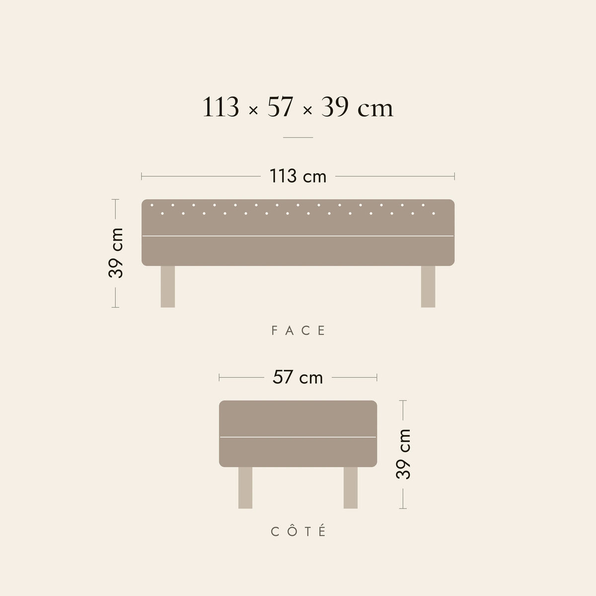 Dimensions du banc de lit Beaujolais : 113 × 57 × 39 cm