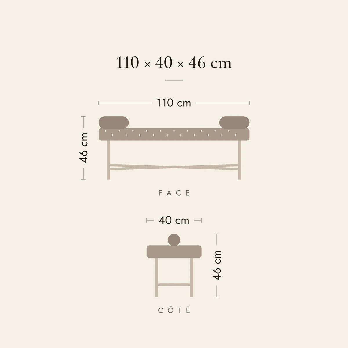 Dimensions du banc de lit Jouffroy : 110 × 40 × 46 cm