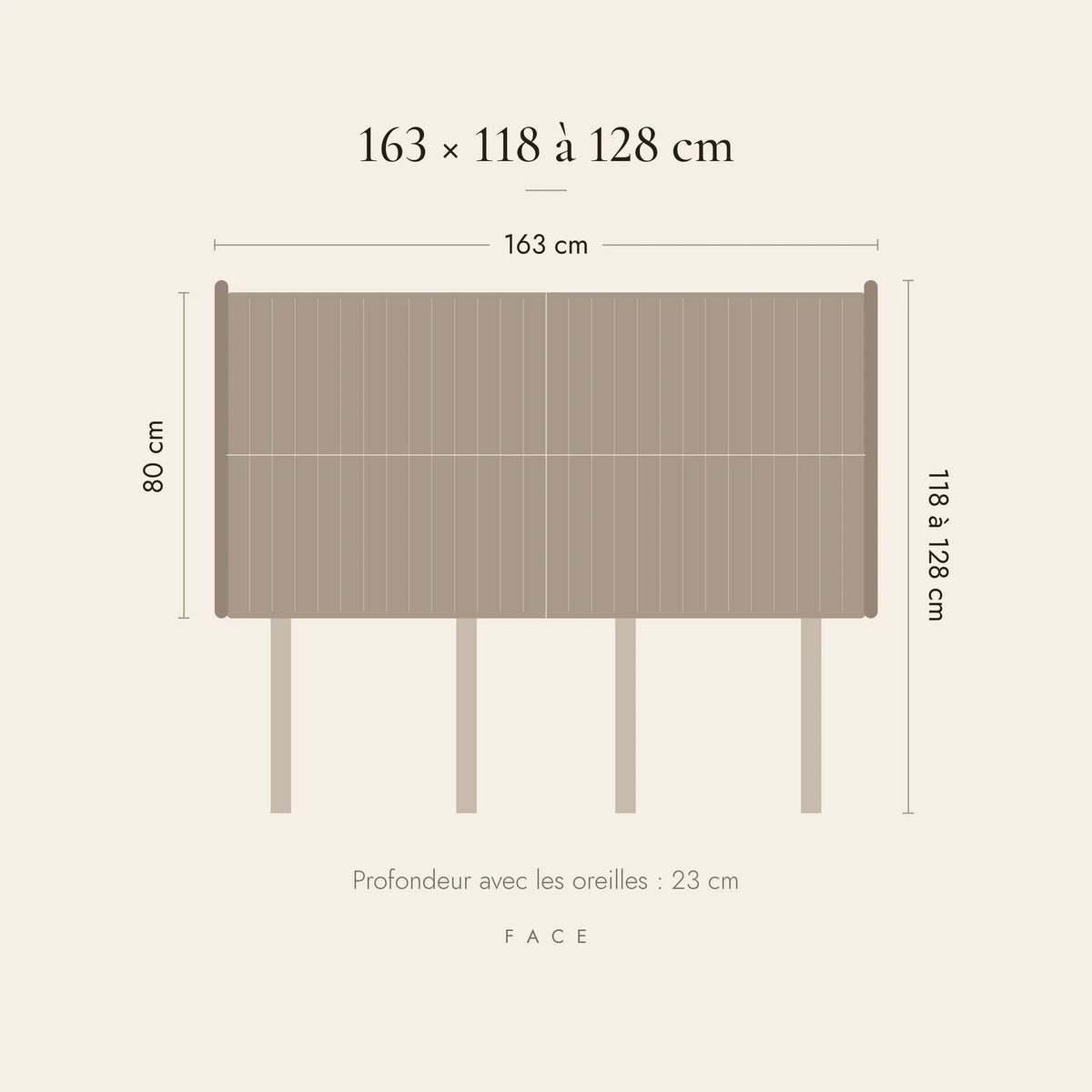 Dimensions de la tête de lit Friedland pour un lit de 160 cm : 163 cm de large, 118 à 128 cm de haut