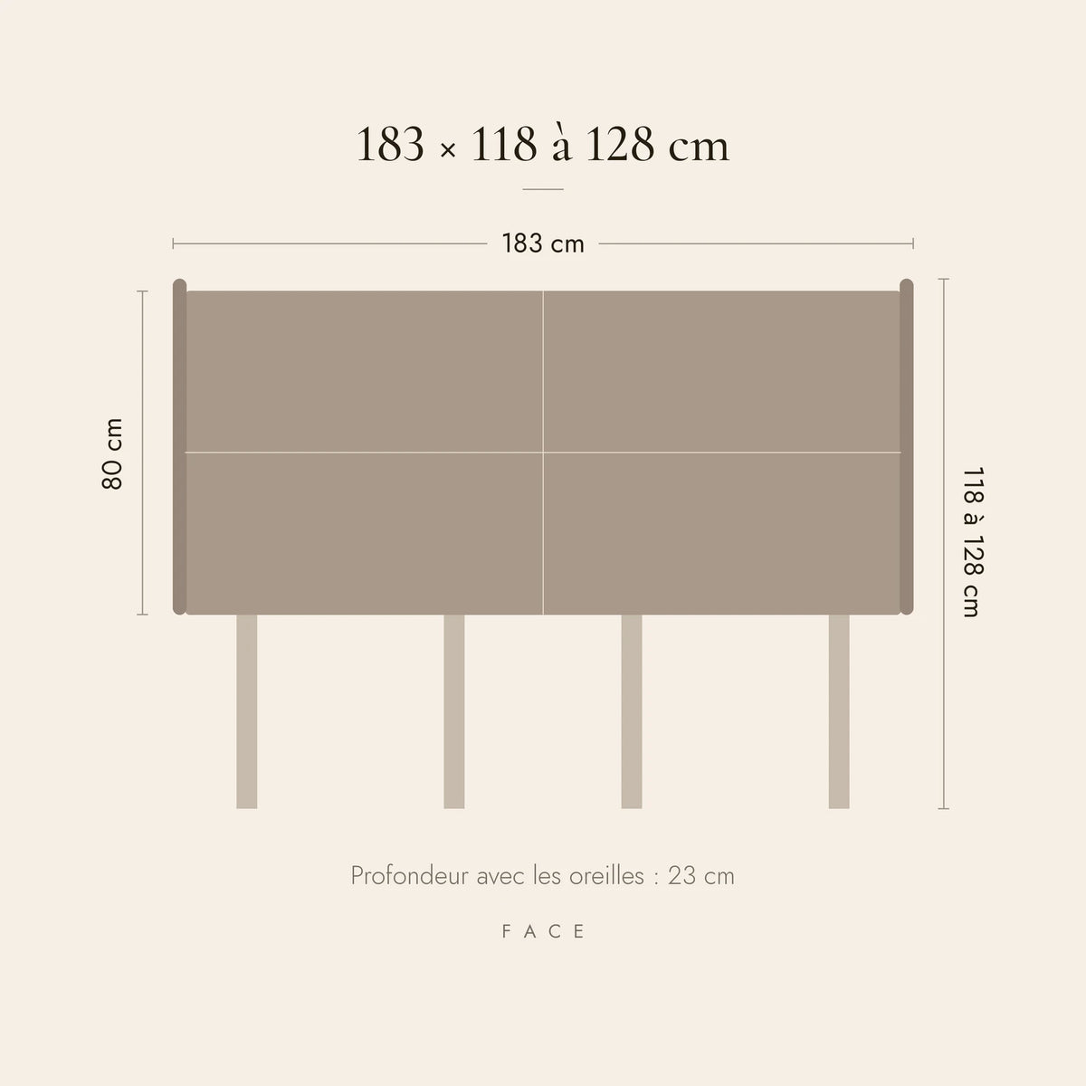Dimensions de la tête de lit Haussmann pour un lit de 180 cm : 183 cm de large, 118 à 128 cm de haut