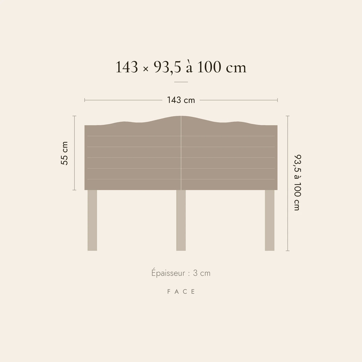 Dimensions de la tête de lit Marigny pour un lit de 140 cm : 143 cm de large, 93,5 à 100 cm de haut