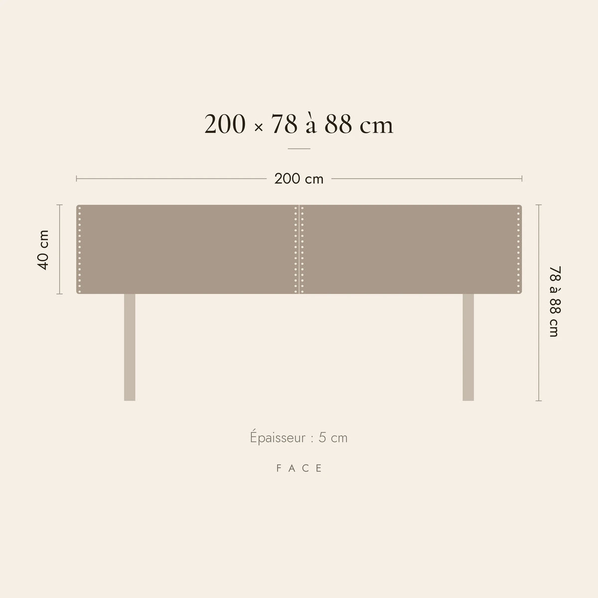 Dimensions de la tête de lit Saint-Louis pour un lit de 200 cm : 200 cm de large, 78 à 88 cm de haut
