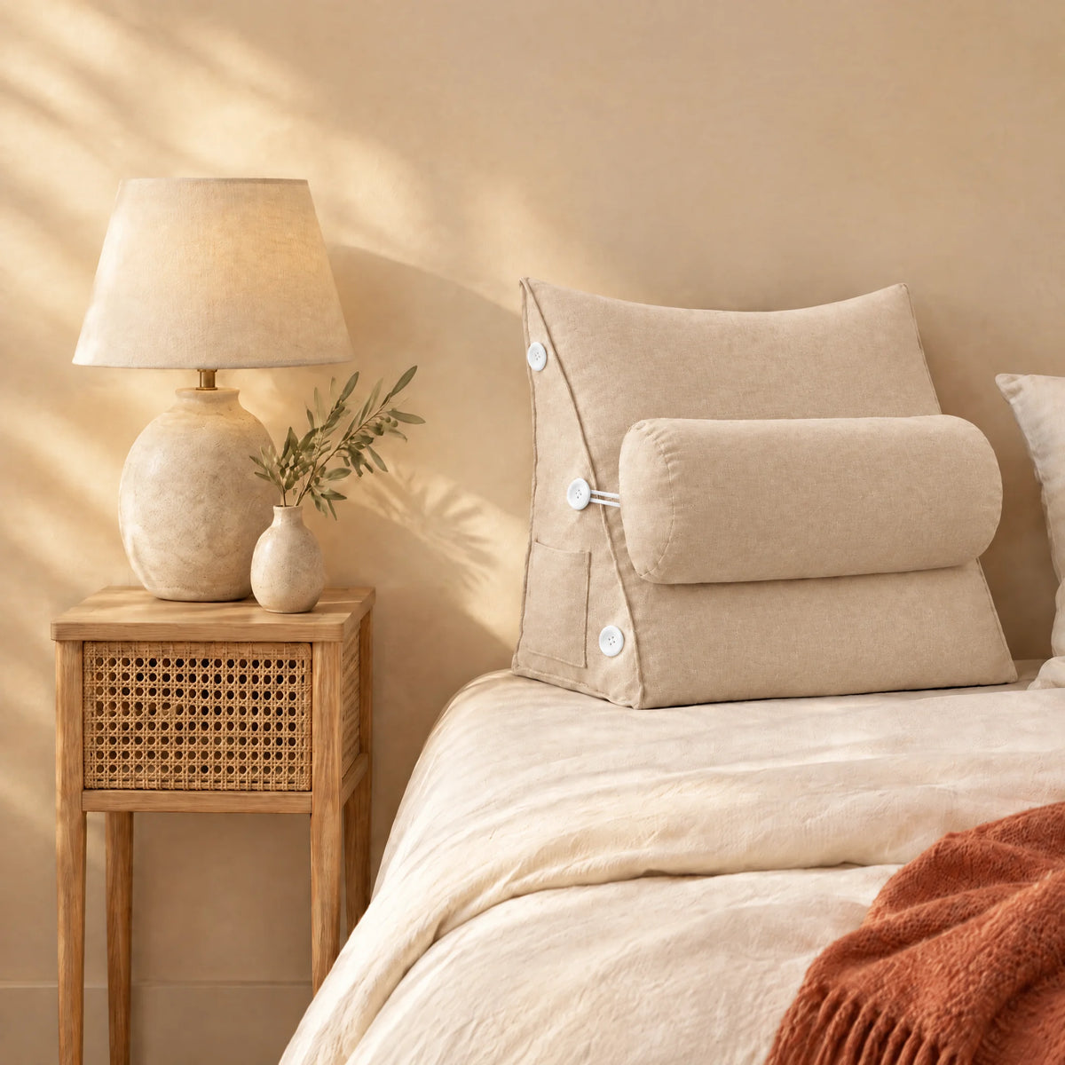 Coussin de lecture Sorbonne beige sur un lit, avec table de chevet et lampe