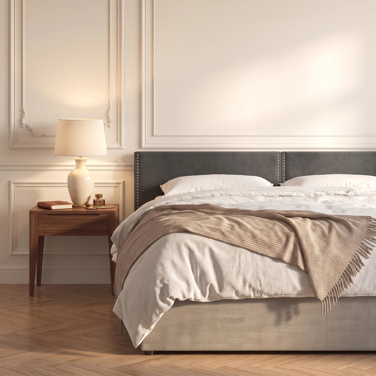 Tête de lit cloutée en velours à poser Saint-Louis gris anthracite dans une chambre, avec table de chevet et lampe
