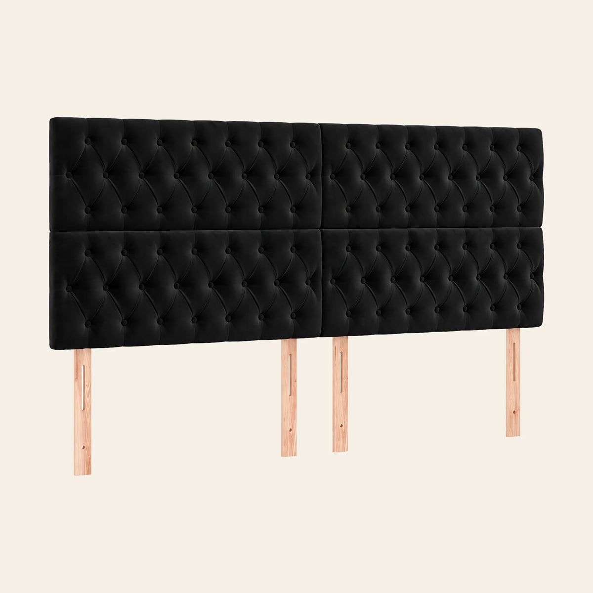 Tête de lit haute capitonnée en velours Concorde, coloris noir, sur pieds en bois