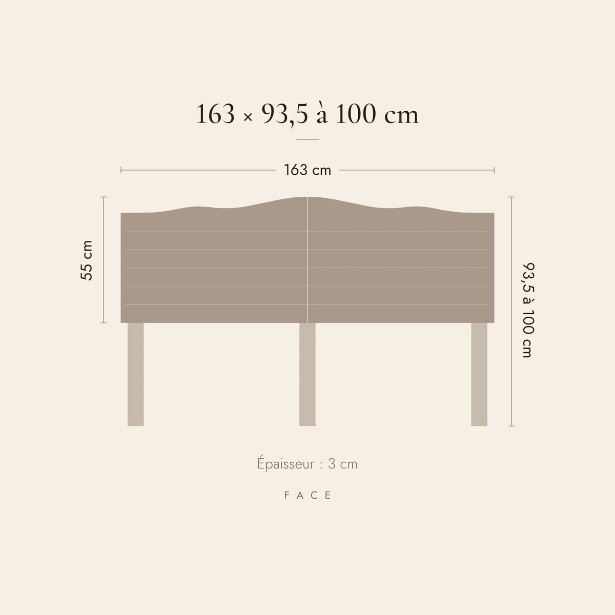 Dimensions de la tête de lit Marigny pour un lit de 160 cm : 163 cm de large, 93,5 à 100 cm de haut
