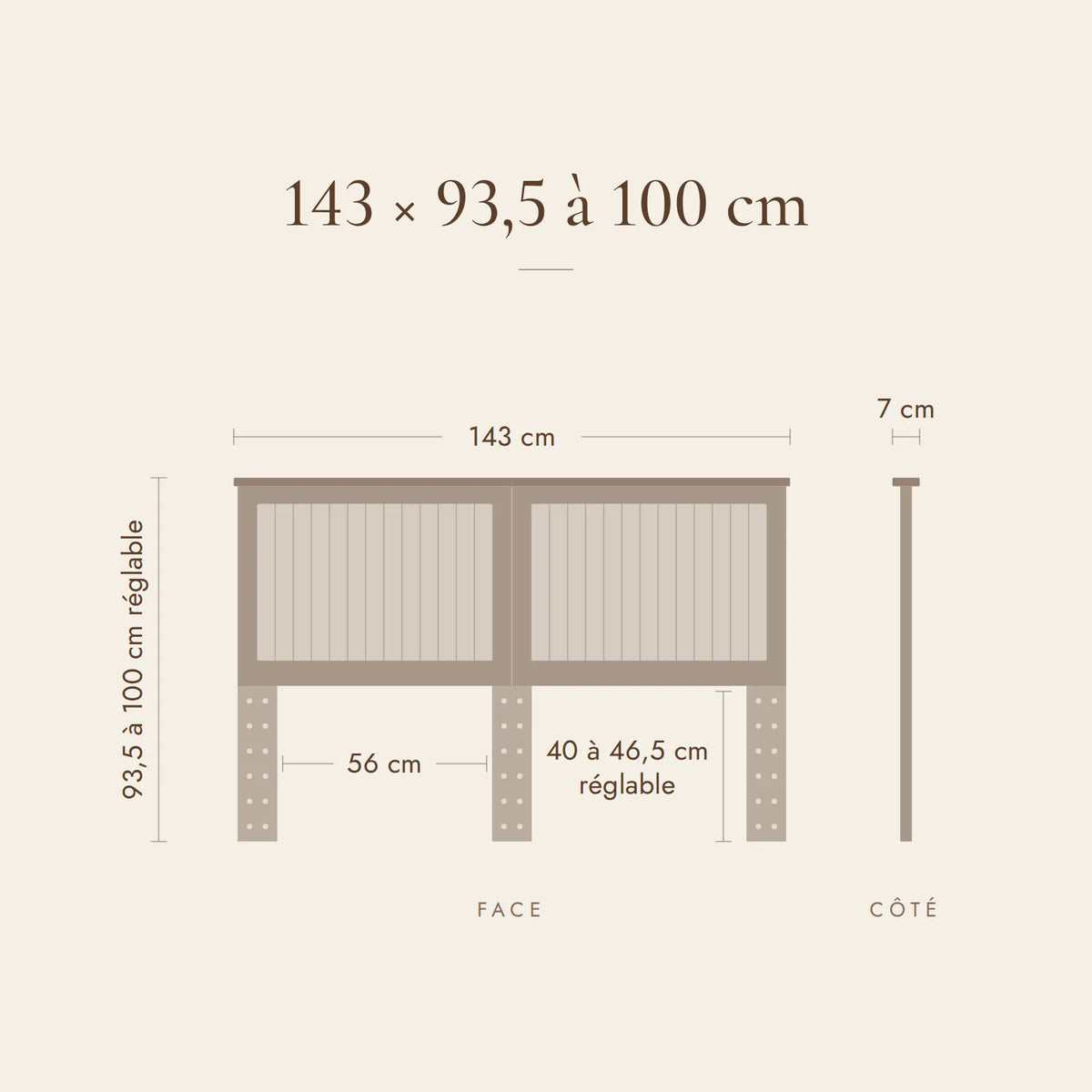 Dimensions de la tête de lit Monceau pour lit de 140 cm : 143 x 93,5 à 100 x 7 cm