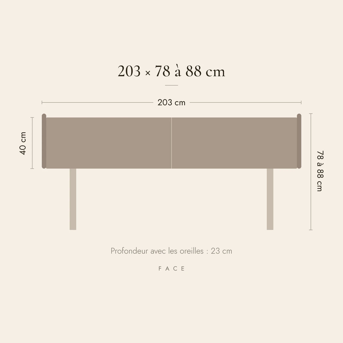 Dimensions de la tête de lit Solférino pour un lit de 200 cm : 203 cm de large, 78 à 88 cm de haut