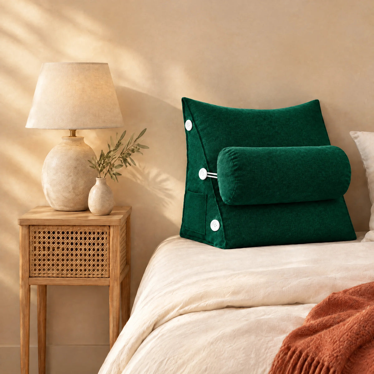 Coussin de lecture Sorbonne vert sur un lit, avec table de chevet et lampe