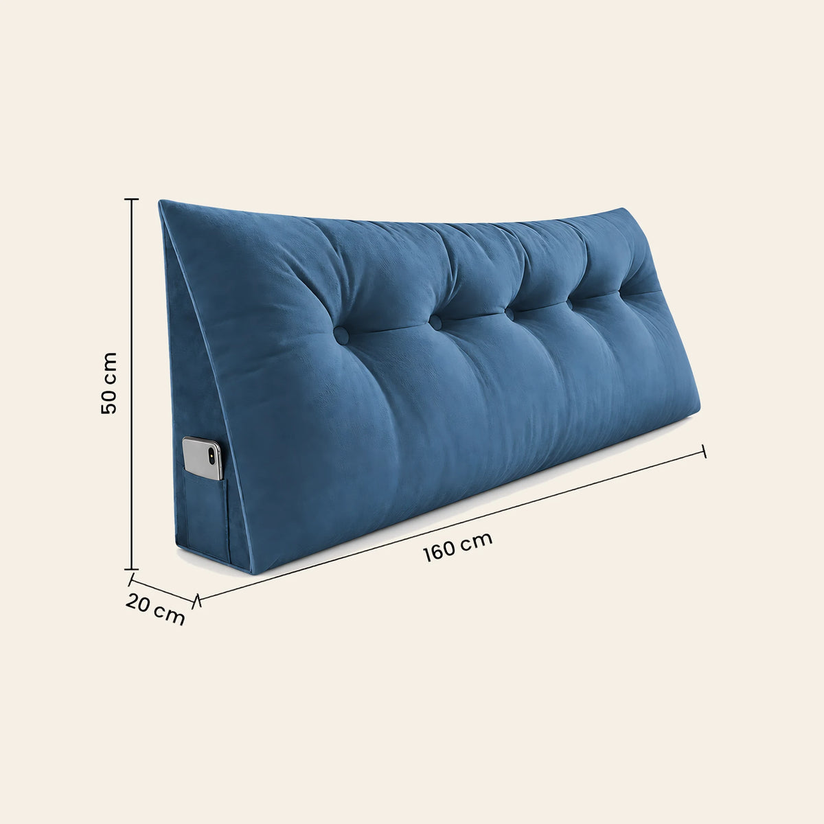 Coussin de tête de lit Opéra bleu en velours lisse, 160 cm