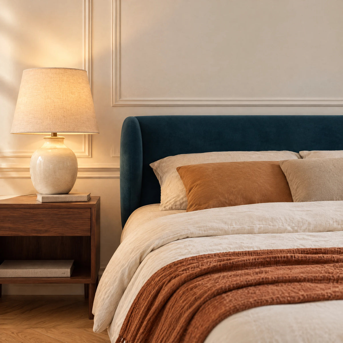 Tête de lit à oreilles arrondies en velours Solférino bleu canard dans une chambre, avec table de chevet et lampe