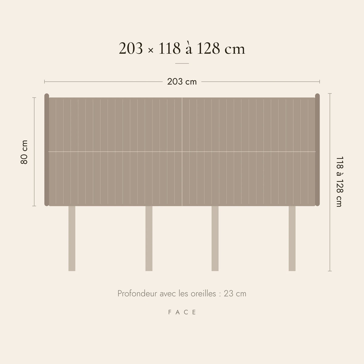 Dimensions de la tête de lit Friedland pour un lit de 200 cm : 203 cm de large, 118 à 128 cm de haut