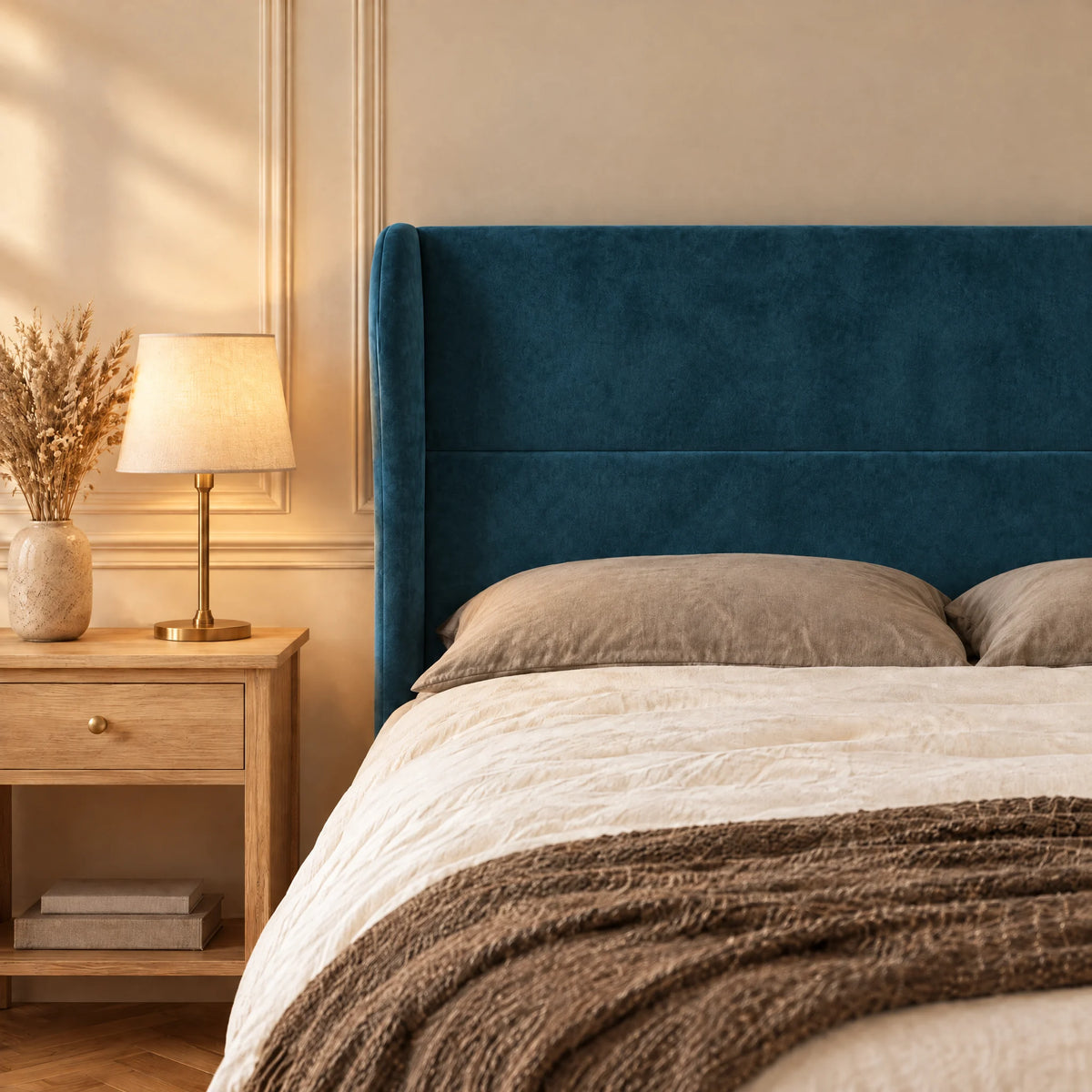 Tête de lit haute à oreilles arrondies en velours Haussmann bleu canard dans une chambre, avec table de chevet et lampe