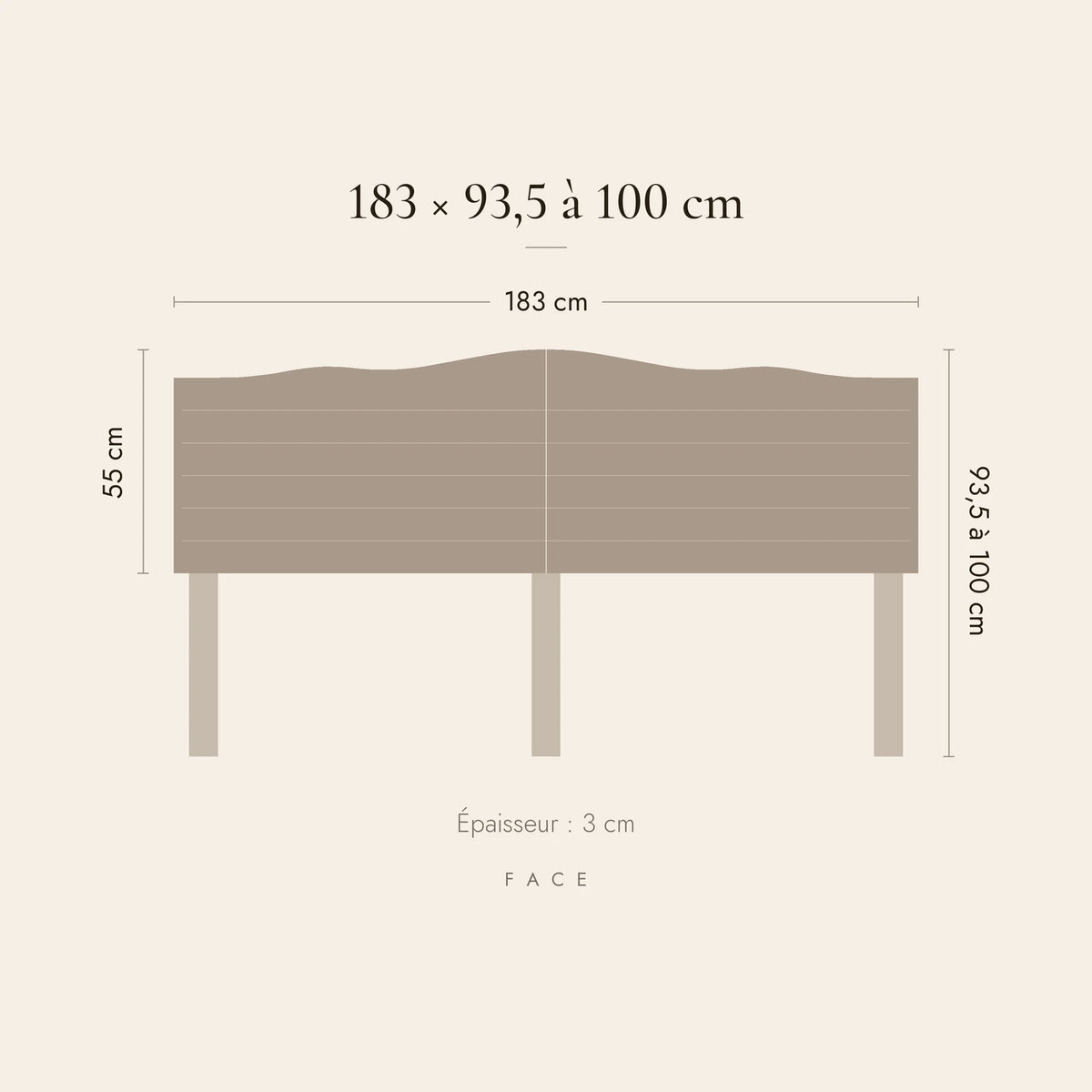Dimensions de la tête de lit Marigny pour un lit de 180 cm : 183 cm de large, 93,5 à 100 cm de haut