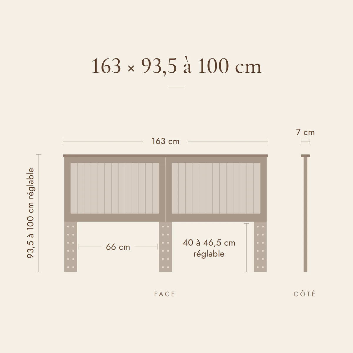 Dimensions de la tête de lit Monceau pour lit de 160 cm : 163 x 93,5 à 100 x 7 cm