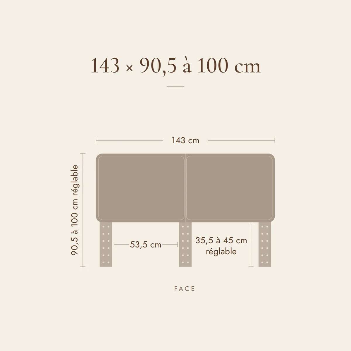 Dimensions de la tête de lit Odéon pour lit 140 cm : 143 cm de large, 90,5 à 100 cm de haut