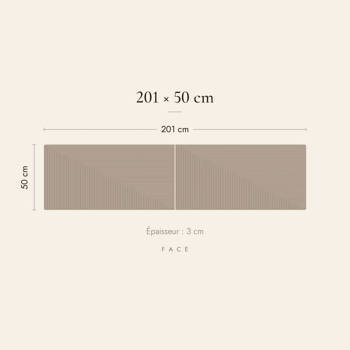 Dimensions de la tête de lit Saint-Honoré pour un lit de 200 cm : 201 cm de large, 50 cm de haut