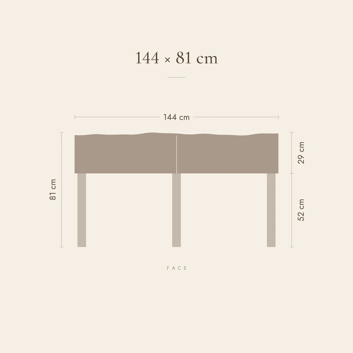 Dimensions de la tête de lit Vincennes pour lit 140 cm : 144 cm de large, 81 cm de haut, panneau de 29 cm