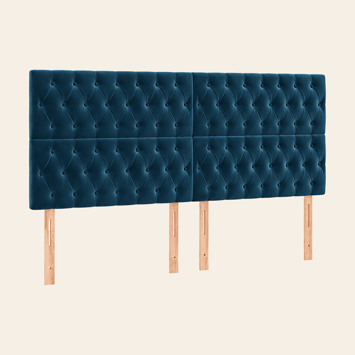 Tête de lit haute capitonnée en velours Concorde, coloris bleu canard, sur pieds en bois