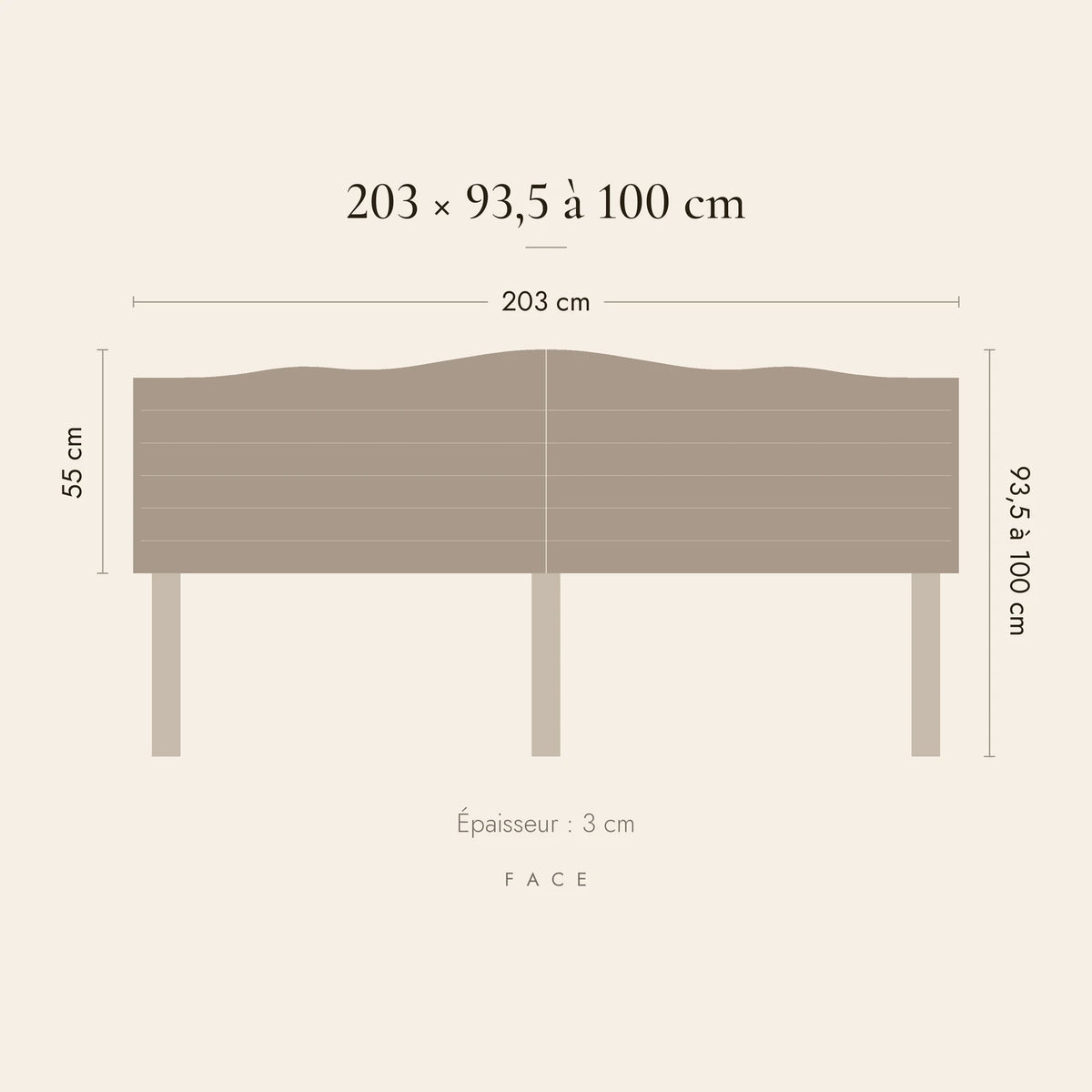 Dimensions de la tête de lit Marigny pour un lit de 200 cm : 203 cm de large, 93,5 à 100 cm de haut