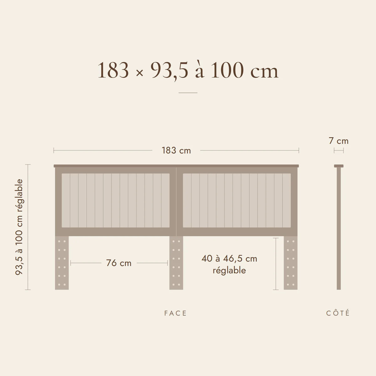 Dimensions de la tête de lit Monceau pour lit de 180 cm : 183 x 93,5 à 100 x 7 cm