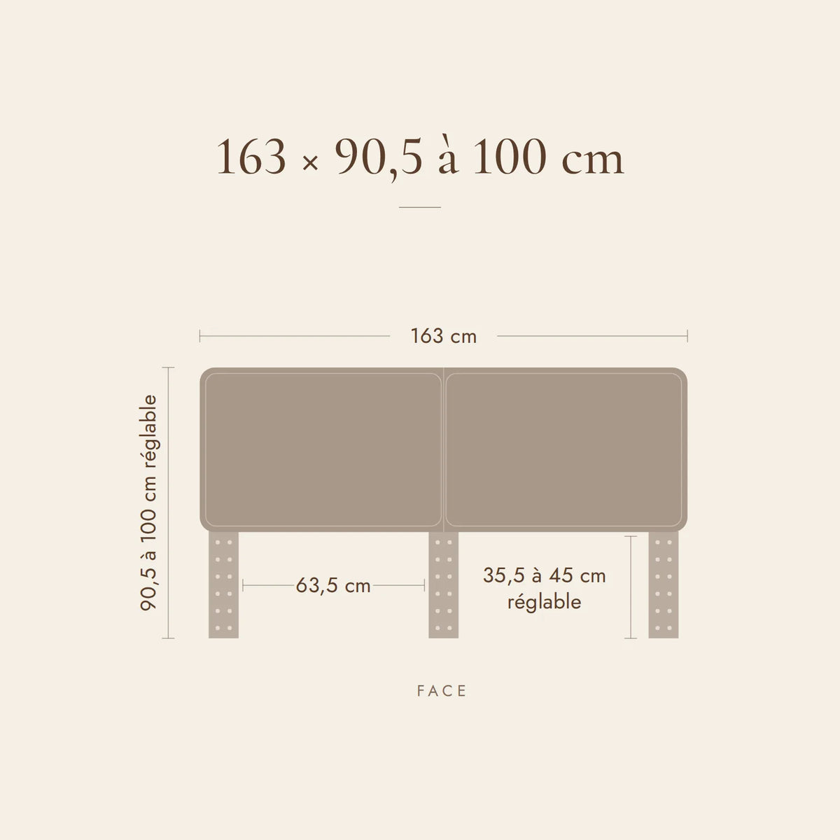 Dimensions de la tête de lit Odéon pour lit 160 cm : 163 cm de large, 90,5 à 100 cm de haut