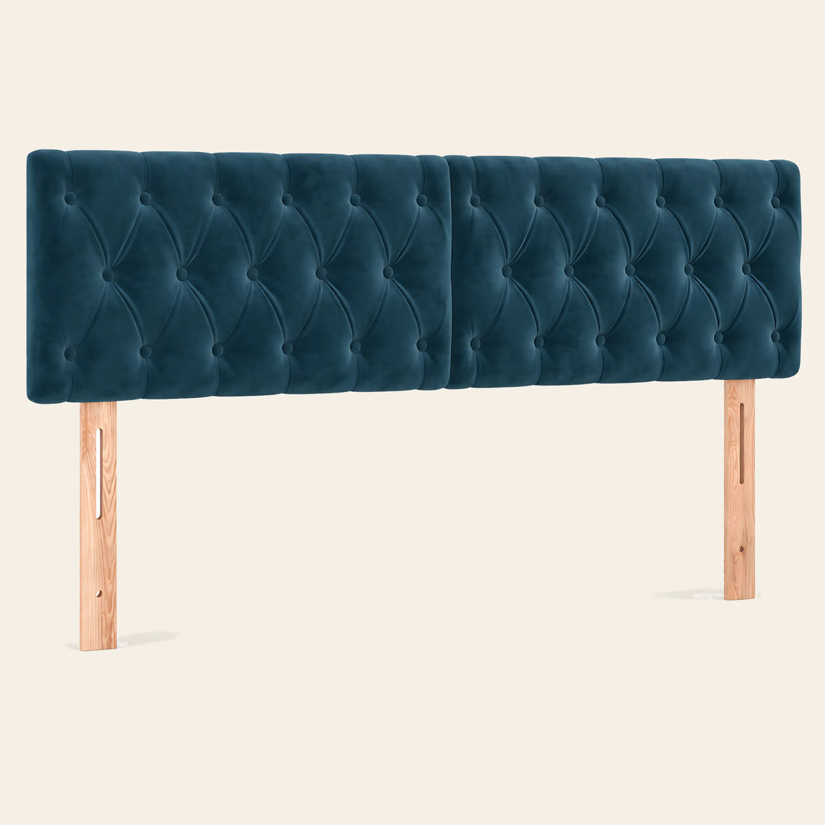 Tête de lit capitonnée en velours Alma, coloris bleu canard, sur pieds en bois