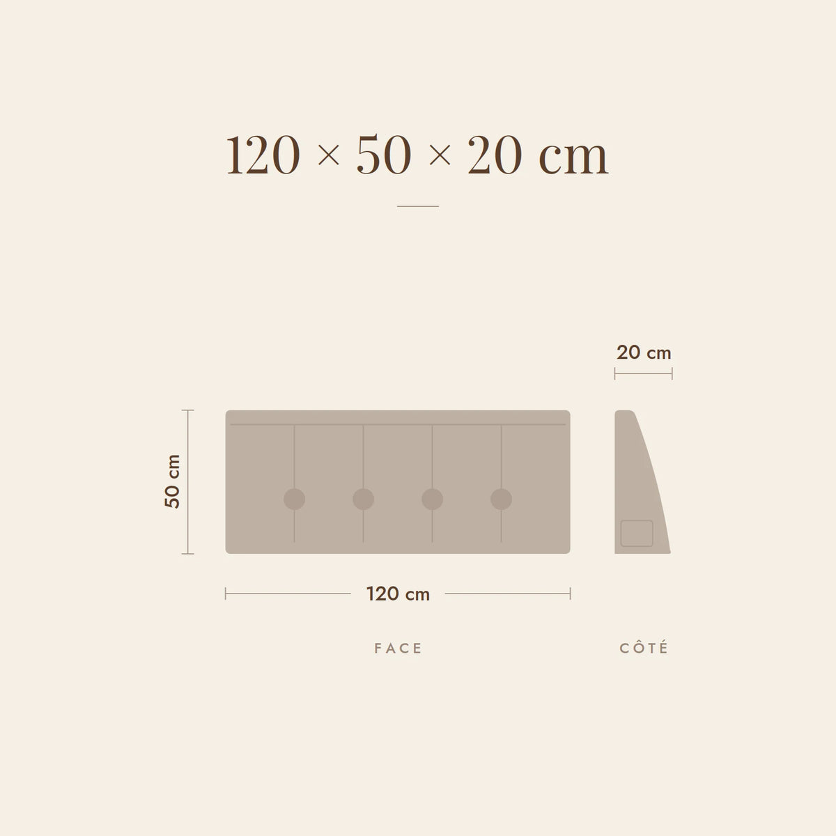 Dimensions du coussin Opéra pour un lit de 120 cm : 120 × 50 × 20 cm