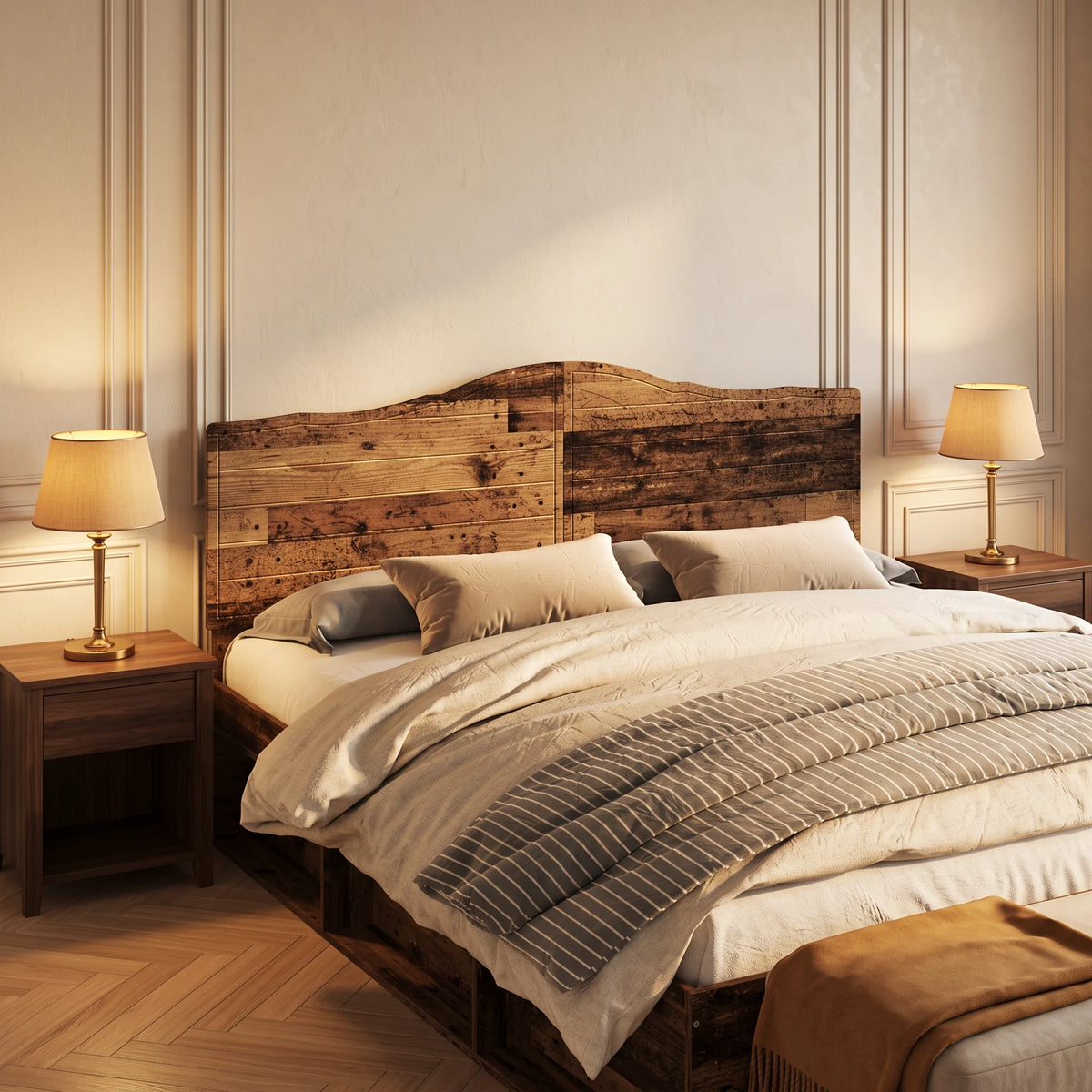Tête de lit chantournée en bois Marigny, finition bois vieilli, dans une chambre, vue de trois quarts