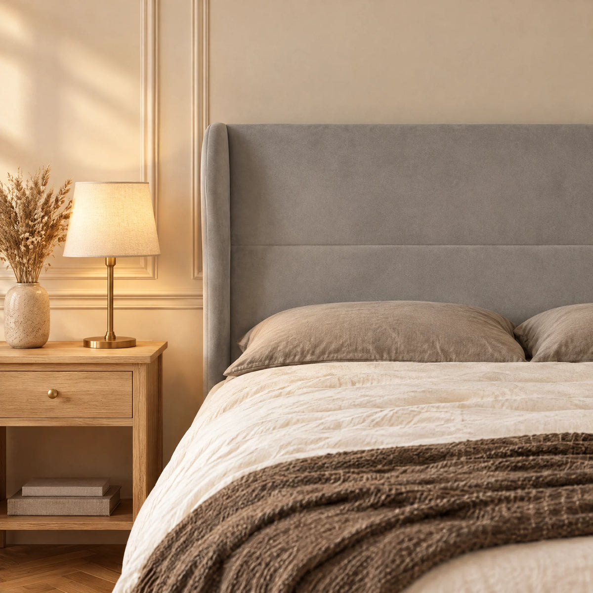 Tête de lit haute à oreilles arrondies en velours Haussmann gris clair dans une chambre, avec table de chevet et lampe
