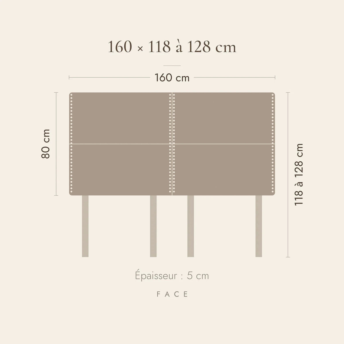 Dimensions de la tête de lit Matignon pour un lit de 160 cm : 160 cm de large, 118 à 128 cm de haut