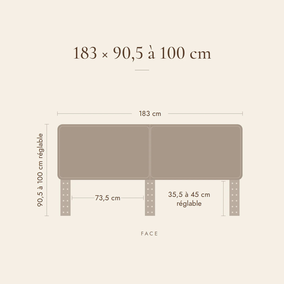 Dimensions de la tête de lit Odéon pour lit 180 cm : 183 cm de large, 90,5 à 100 cm de haut