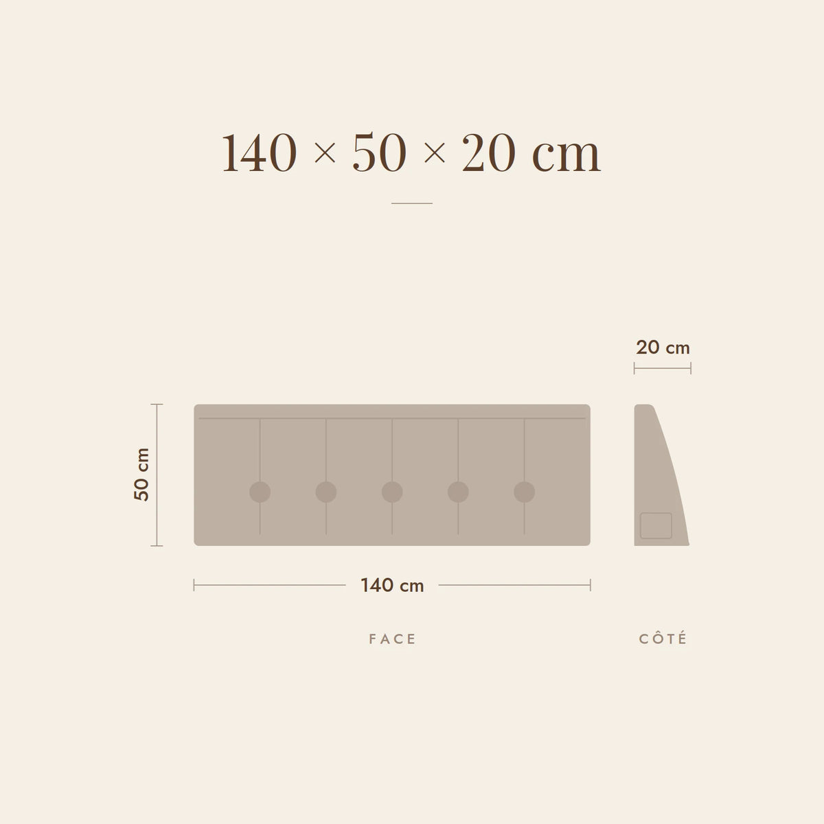 Dimensions du coussin Opéra pour un lit de 140 cm : 140 × 50 × 20 cm