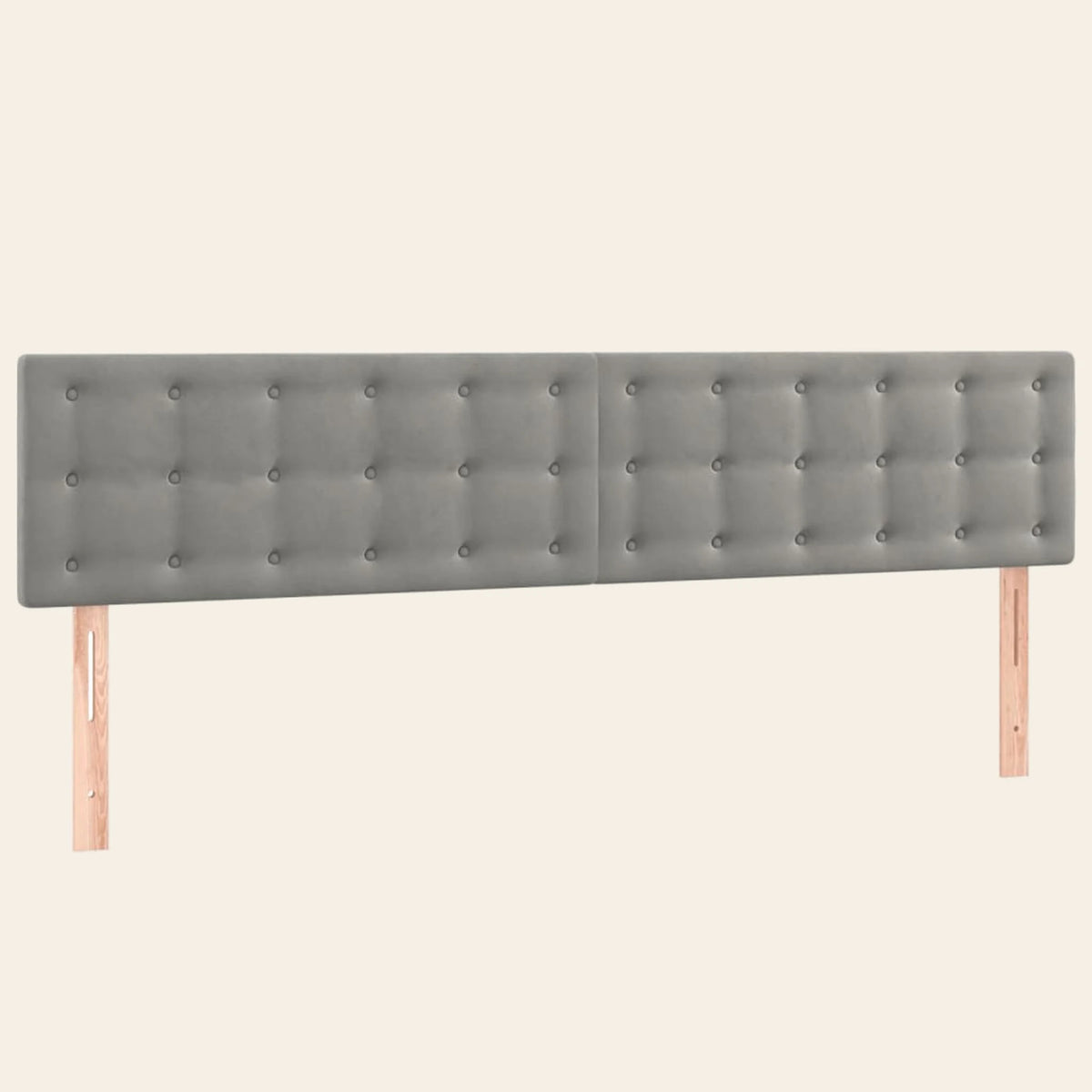 Tête de lit boutonnée en velours Dauphine, coloris gris clair, sur pieds en bois