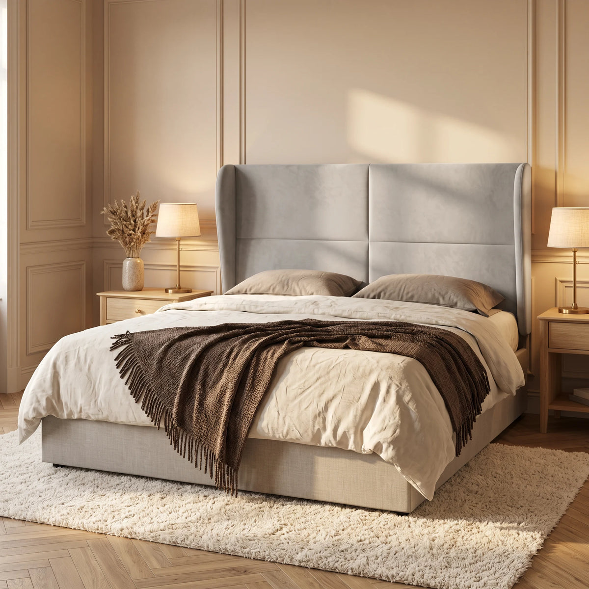 Tête de lit haute à oreilles arrondies en velours Haussmann gris clair dans une chambre, vue de trois quarts