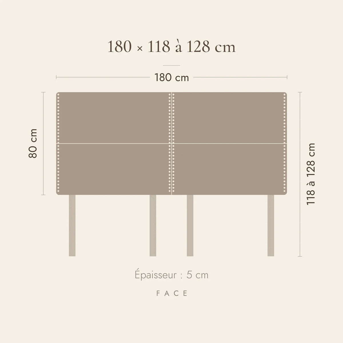 Dimensions de la tête de lit Matignon pour un lit de 180 cm : 180 cm de large, 118 à 128 cm de haut