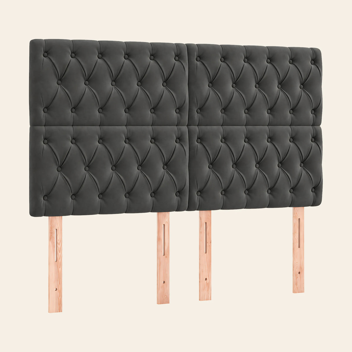 Tête de lit haute capitonnée en velours Concorde, coloris gris anthracite, sur pieds en bois