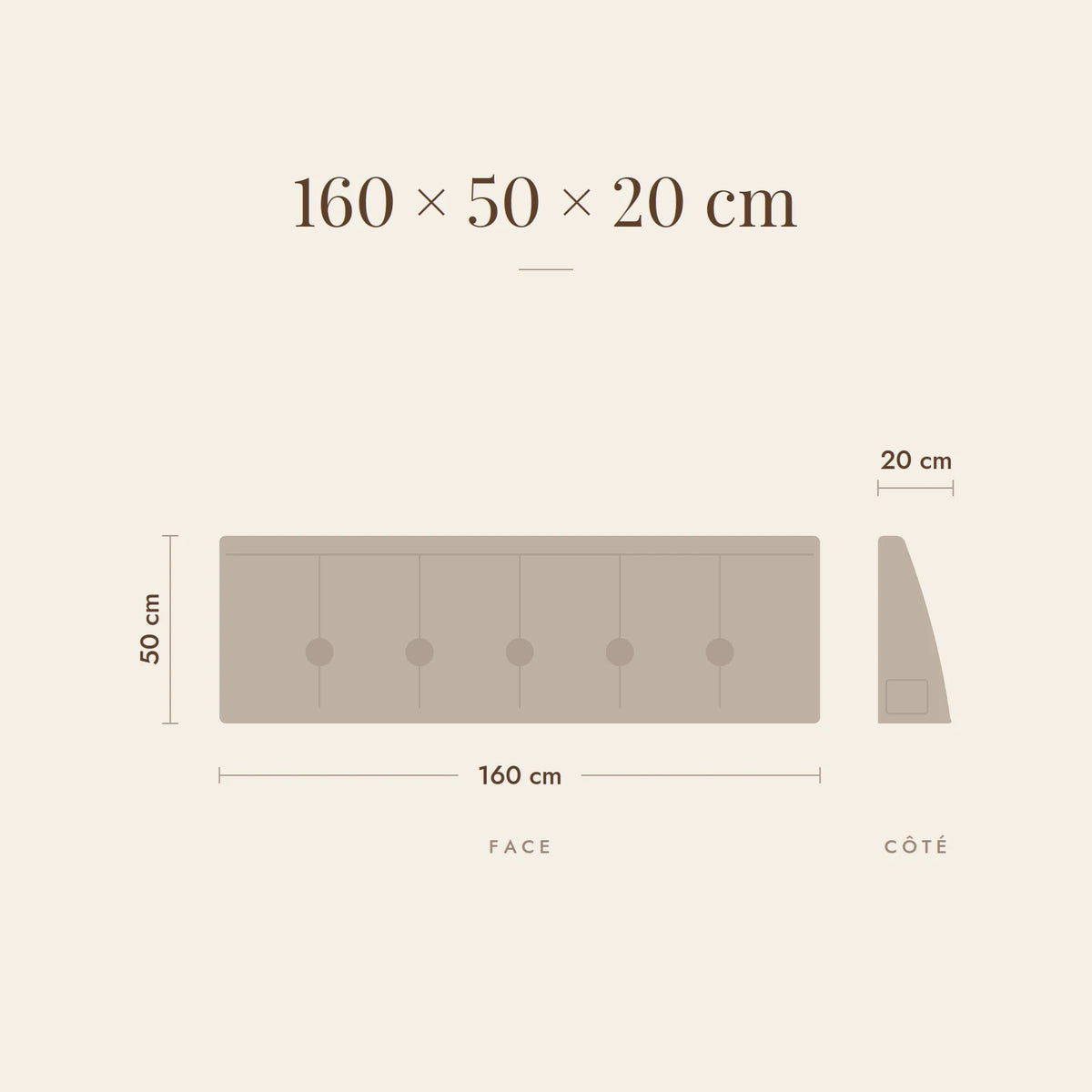 Dimensions du coussin Opéra pour un lit de 160 cm : 160 × 50 × 20 cm