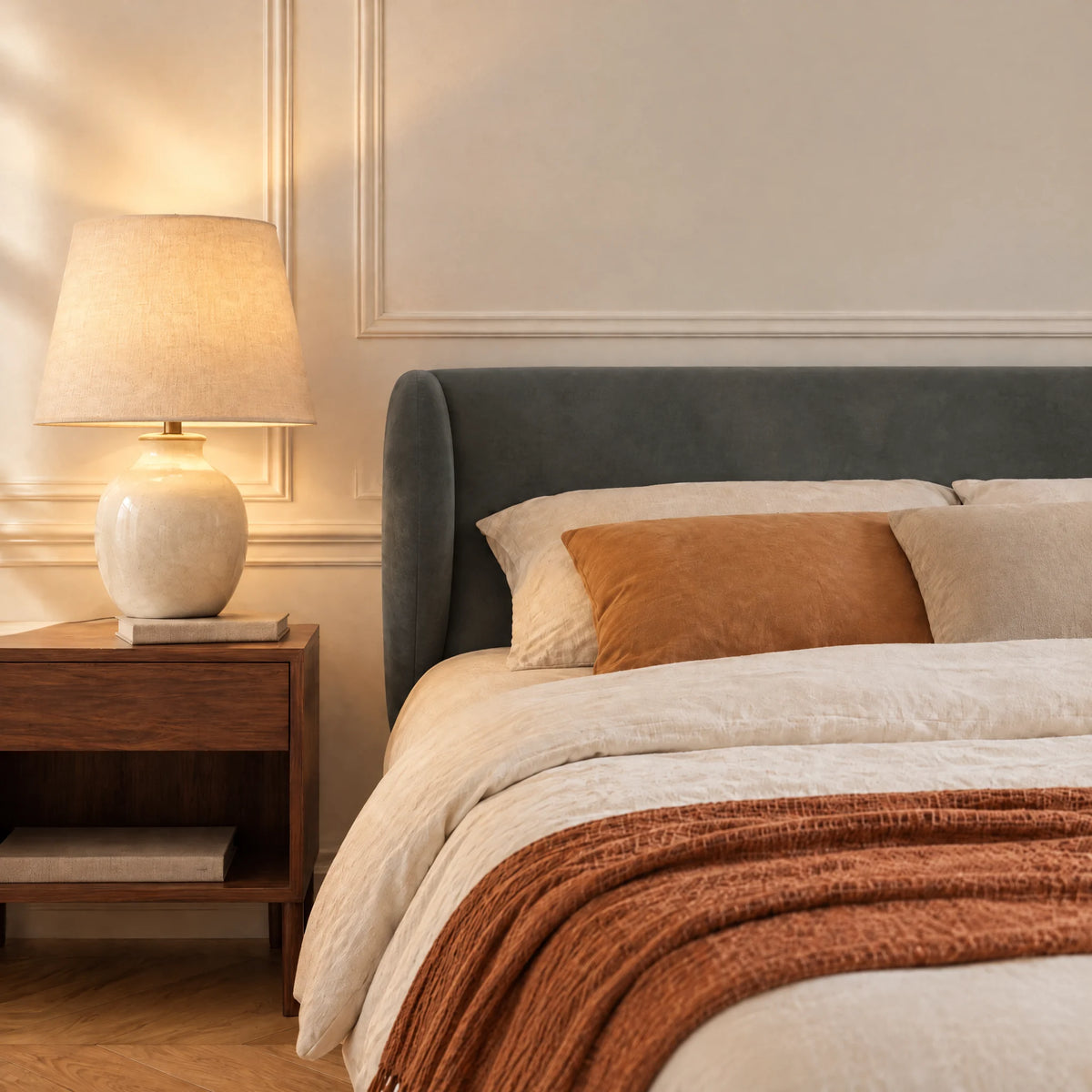 Tête de lit à oreilles arrondies en velours Solférino gris anthracite dans une chambre, avec table de chevet et lampe