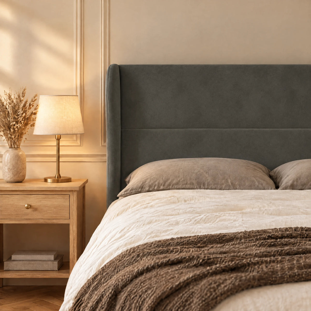 Tête de lit haute à oreilles arrondies en velours Haussmann gris anthracite dans une chambre, avec table de chevet et lampe