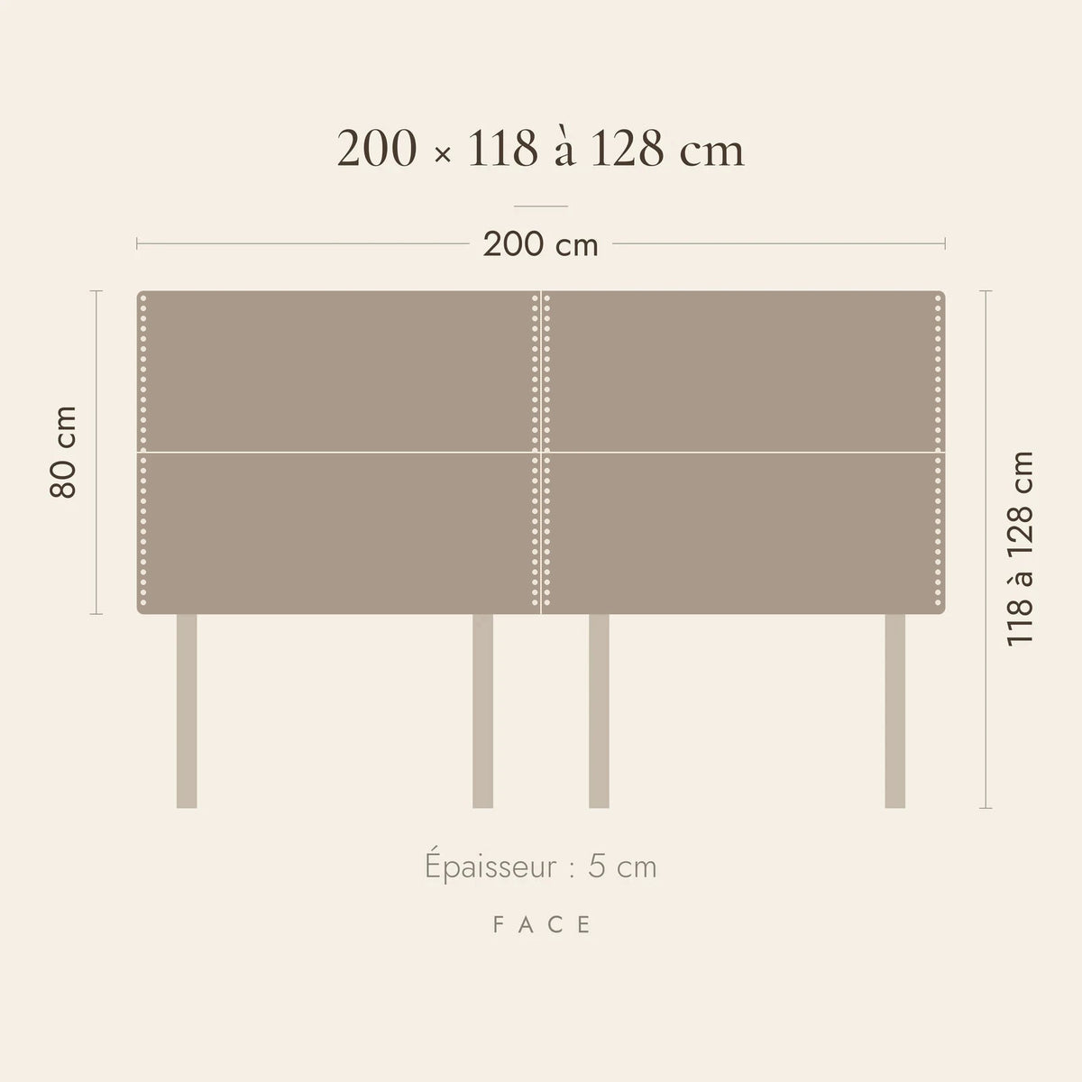 Dimensions de la tête de lit Matignon pour un lit de 200 cm : 200 cm de large, 118 à 128 cm de haut